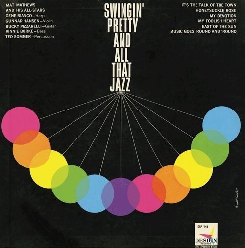 Pochette de jazz noire, titre blanc et cercle d’anneaux colorés