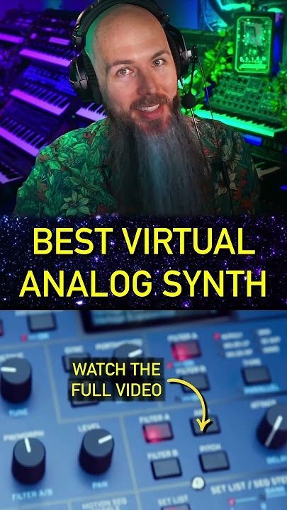 Musicien barbu devant des synthétiseurs, avec le texte 